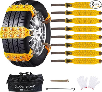 8 Pack Universal Tire Chains,Emergency Portable Snow Chains Suitable for Car, Truck, and SUV, Zip Tie Tire Chains, Adjustable Thickened Snow Tyre Chains Thickened Wear-Resistant TPU Anti-Slip Chains