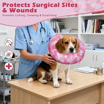 IEUUMLER Inflatable Recovery Dog Cone Collar, Neck Donut Protective ECollar, Adjustable Soft Collar for Dog and Cat After Surgery Prevent from Biting & Licking EU020 Pink Camo L+