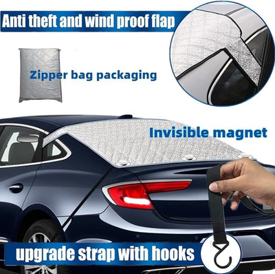 Rear Window Snow Cover - 2 Layered Aluminum Foil All Weather Sun Block | Car Winter Windshield Cover Hook Invisible Magnet Frost Protection Ice Rain Winter Debris for SUV Cars