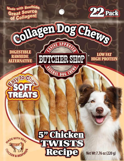 Butcher Shop Collagen Dog Chews 5" Chicken Twists Dog Treats (2 Pack - 7.76 oz per Pack)