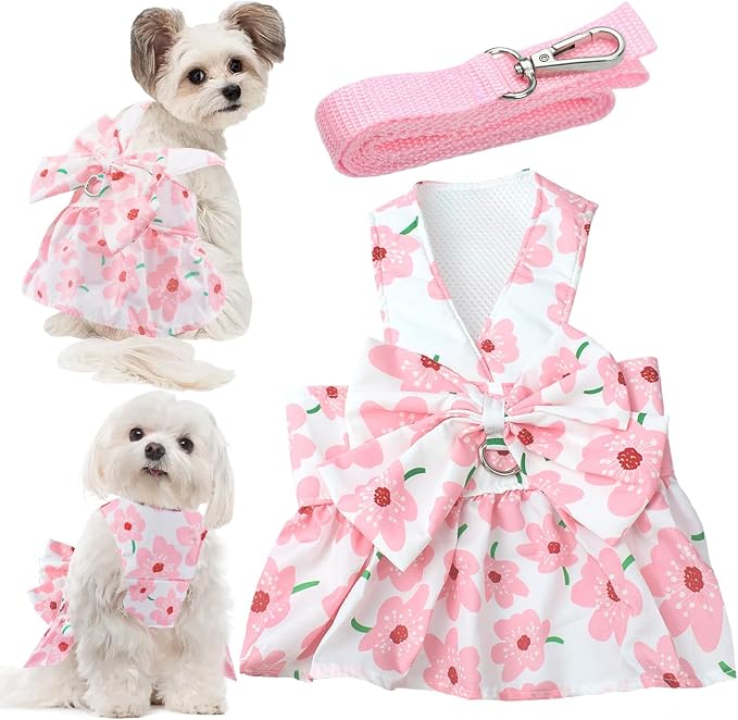 Dog Dress Bowknot Harness Leash Set for Small Girl Dogs Pink Floral Dog Cat Clothes Cute Puppy Outfits Pet Clothes Spring Summer Breathable Dresses(Samll)