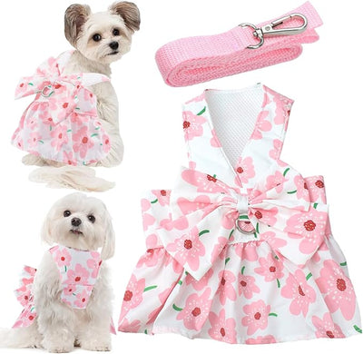 Dog Dress Bowknot Harness Leash Set for Small Girl Dogs Pink Floral Dog Cat Clothes Cute Puppy Outfits Pet Clothes Spring Summer Breathable Dresses(Samll)