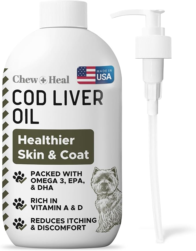 Pure Cod Liver Oil for Dogs - 16 oz - Contains Omega 3, Omega 6, Vitamin A, and Vitamin D to Reduce Itching and Promote Skin and Coat, Heart, Joint, and Immune Health - Pump Cap Bottle