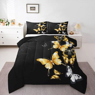 Erosebridal Butterfly Quilted Duvet Full Size for Girls Boys Women, Black and Gold Comforter Set Silver Gold Bedding Set, Soft Luxury Microfiber Duvet Insert, 1 Comforter + 2 Pillow Cases