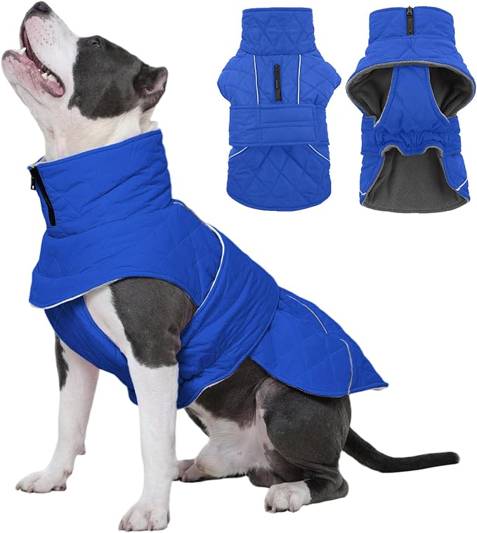 Dog Winter Coat Waterproof Dog Snow Jacket, Warm Fleece Lined Pet Turtleneck Snowsuit Puppy Cold Weather Coats with Harness Hole, Adjustable Winter Vest for Medium Large Dogs, Blue, L