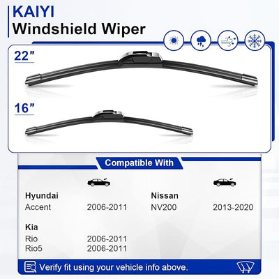 KAIYI 22" + 16" Windshield Wipers Compatible with Hyundai Accent 2006-2011,Kia Rio/Rio5 2006-2011,Nissan NV200 2013-2020 Premium Automotive Replacement Windshield Wiper Blades 2 Pack