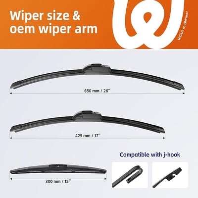 26"+17" Windshield Wiper Blades with 12" Rear Wiper Replacement for Honda CRV 2017 2018 2019 2020 2021 2022-OEM Quality All-Weather J Hook Wipers(Set of 3)