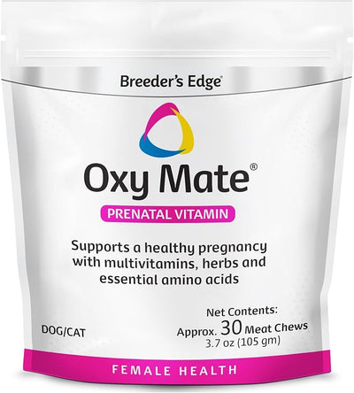 Breeder’s Edge Oxy Mate, Prenatal Vitamin Supplement for Pregnant Dogs and Cats, Supports Healthy Pregnancy, Red Blood Cell Production & Fetal Development, 30ct Meat Chew Treats