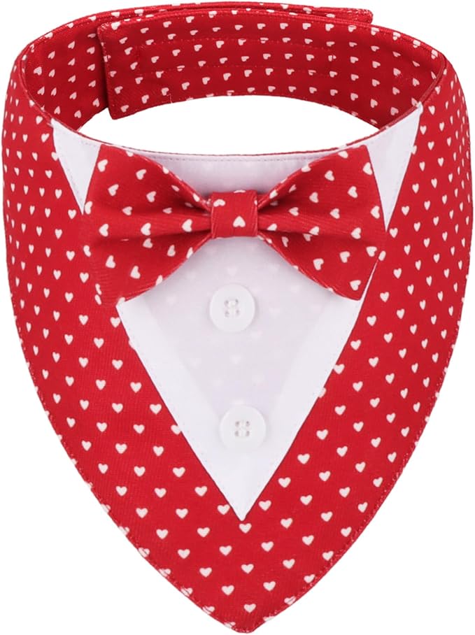 ADOGGYGO Valentine Dog Tuxedo Bandana, Red Heart Pet Tux with Bowtie Adjustable Valentine Costume for Medium Large Dogs Pets (L)