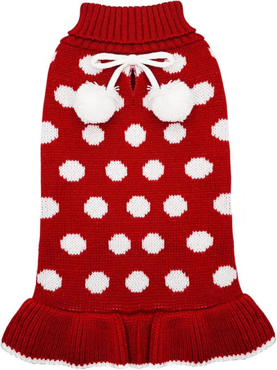 KYEESE Dog Sweater Dress with Leash Hole Small Turtleneck for Girl Dog Sweater Dress Polka Dot Knit Warm Puppy Sweaters with Pom Pom Ball
