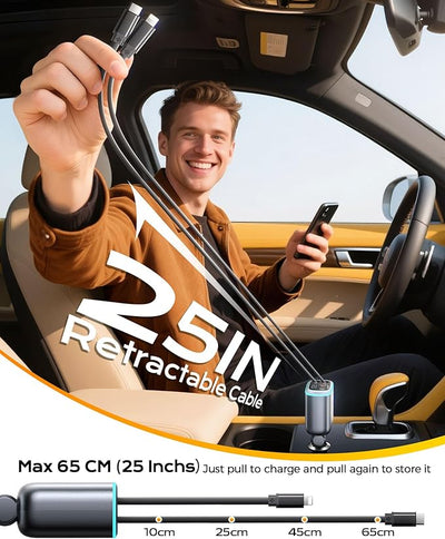 iPhone Car Charger, Retractable Fast USB C Phone Charger, 4 in 1 Cigarette Lighter Adapter with 2 Cables 25 Inch and 2 USB Ports, Multi Port USB Car Charging for iPhone 17/16/15/14/13/Pro Max