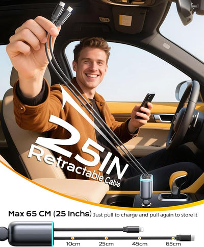 4 in 1 Car Charger, Retractable iPhone Car Charger Fast USB C Phone Charger, Cigarette Lighter with 2 Cable 25 Inch and 2 USB Ports, Multi Port USB Car Charging for iPhone 17/16/15/14/13 Pro Max-2Pack