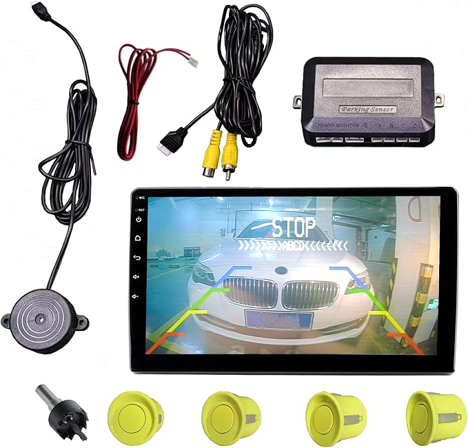 LCD Parking Sensor Kit - Displays Data on Original Screen, Easy Rear Installation, Compatible with CVBS Cameras (Not for AHD), 18 Probe Colors to Match Any Vehicle LightYellow