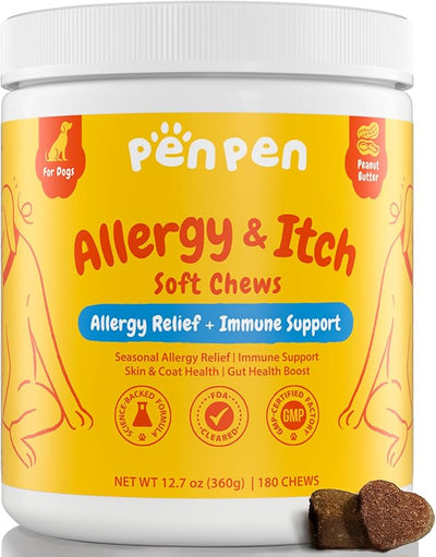 PENPEN Dog Allergy Relief Chews, Dog Itching Skin Relief, Omega 3 for Dogs Itch Supplement, Relieve Seasonal Allergy, Provide Immune Support (Peanut Butter Chews, 180ct)