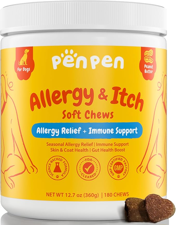Dog Allergy Relief Chews, Dog Itching Skin Relief, Omega 3 for Dogs Itch Supplement, Relieve Seasonal Allergy, Provide Immune Support (Peanut Butter Chews, 180ct)