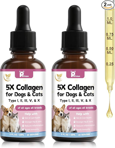 Collagen for Dogs and Cats, Liquid Collagen for Dogs - 5 Types of Grass-Fed Collagеn (I, II, III, V & X) for Skin & Coat, Itch Relief, Hips & Joints with MSM, Biotin and Hyaluronic Acid, 2 Packs