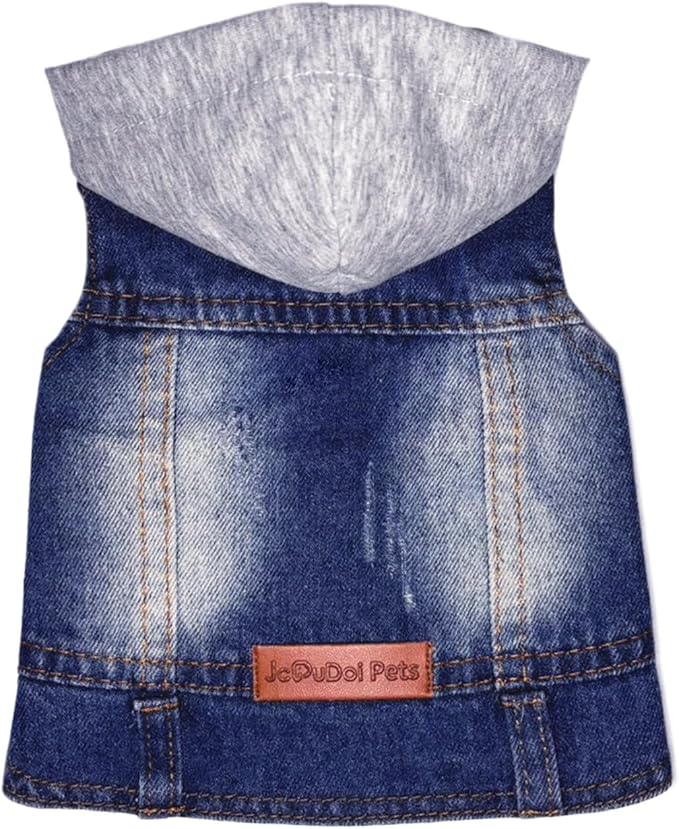Dog Jeans Jacket with Hooded Denim Pet Coat for Puppy Small Dogs Classic Overalls Male Cat Costumes Washed Vest Clothes Outfit T-Shirts(Hoodie X-Large)