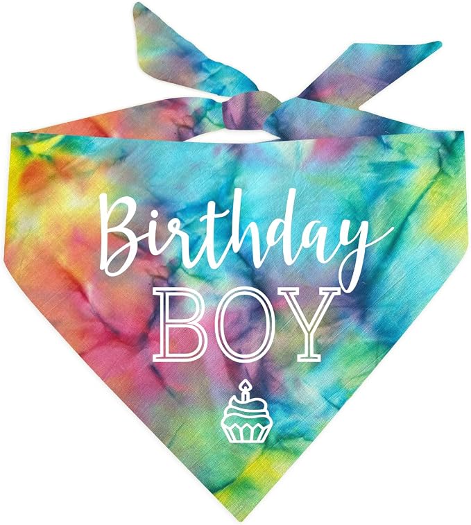 Birthday Boy with Cupcake Dog Bandana | 100% Cotton Tie Dye | Made in USA | Birthday | Pawty | Party Theme | Celebration Supplies | Photoshoot | One Size | Rainbow Scrunch (214)