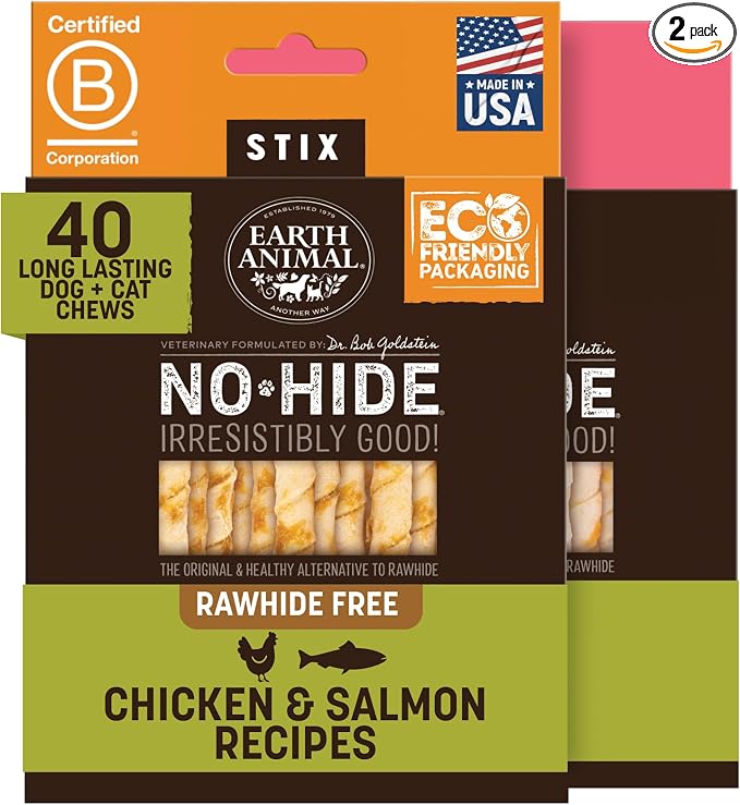 No Hide Stix - Long Lasting Rawhide Free Small Dog Chews Sticks, Chicken & Salmon Variety Bundle - 40 Count Value Pack