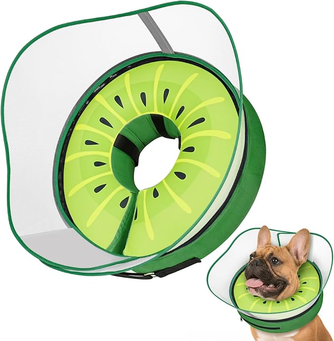 Raised Inflatable Dog Cone After Surgery - Adjustable Recovery Donut Collar with Removable Shield to Stop Licking Wounds & Protect Stitches - Soft Dog Cone Alternative for Medium Dogs (Kiwi,M)