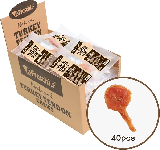 Turkey Tendons for Dogs, USA-Sourced Human Grade, Rawhide-Free Long-Lasting Puppy Chews, All Natural Hypoallergenic Dog Treats for Small Breeds, Lollipop (S), 40 Count Box