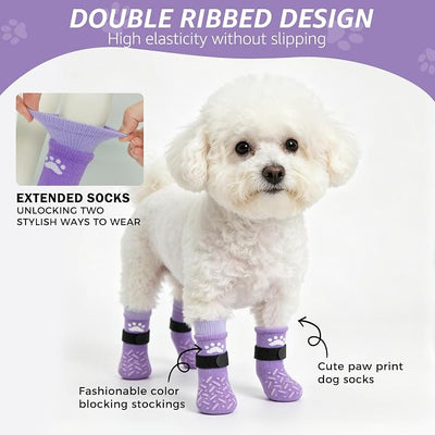 SCENEREAL Anti Slip Dog Socks to Prevent Licking Paws for Hot/Cold Pavement, Paw Protector Traction Control on Hardwood Floor, Dog Shoes Booties for Puppy Small Medium Large Senior Dogs, Purple S