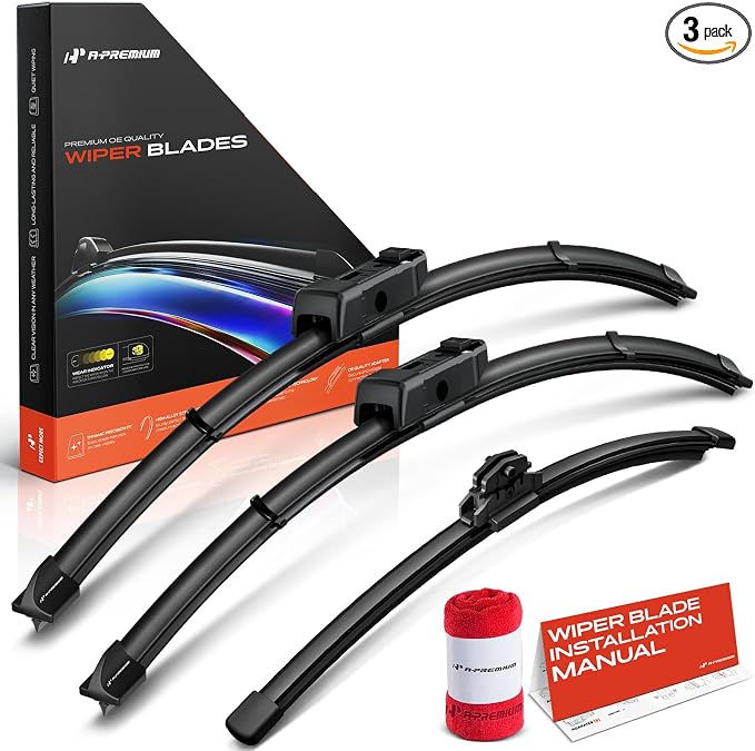 A-Premium 24"+21"+15" Windshield Wiper Blades with Wear Indicator & Towel | Compatible with Audi Q3 2015 2016 2017 2018, Front Rear Wipers Blade Set for TLPN/FR_DA Arm Connector, Pack of 3