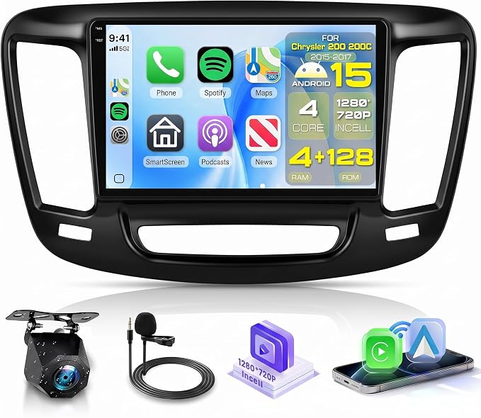 4 Core 4G+128G Android Car Stereo for Chrysler 200 200C 2015 2016 2017 with 9 inch 1280*720 Incell Touchscreen DSP/Wireless Carplay/Android Auto, Sellrich Radio Bluetooth 5.0 FM/RDS/EQ SWC Backup Cam