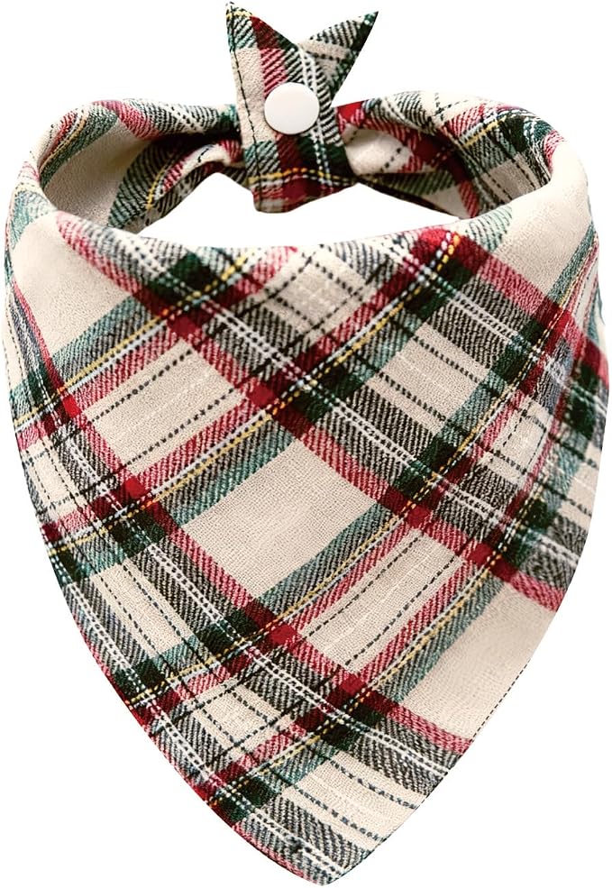 Plaid Dog Bandana with Button, Red Green White Plaid Kerchief Triangle Dog Bandana Girls and Boys Kerchief Adjustable Accessories for Medium Large Dog Puppy Pet Cat,Large