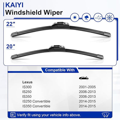 KAIYI 22" + 20" Windshield Wipers Compatible with Lexus IS300 2001-2005,IS250/IS350 2006-2013,IS250/IS350 Convertible 2014-2015 Premium Automotive Replacement Windshield Wiper Blades 2 Pack