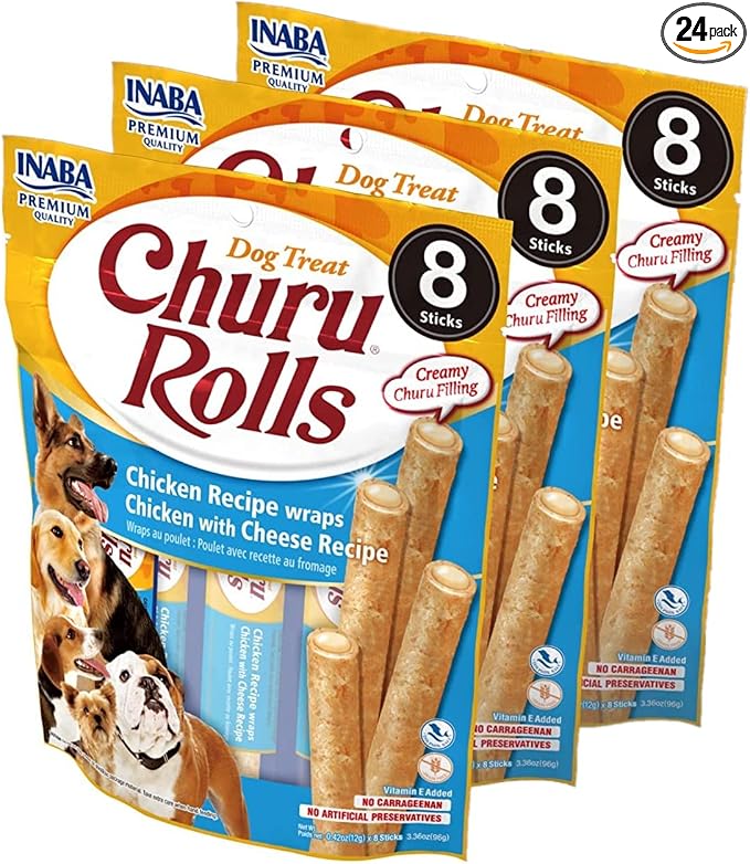 Churu Rolls for Dogs, Grain-Free, Soft/Chewy Baked Chicken Wrapped Churu Filled Dog Treats, 0.42 Ounces Each Stick| 24 Stick Treats Total, Chicken with Cheese Recipe