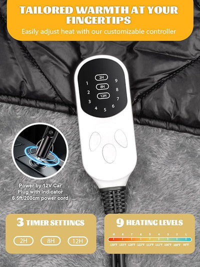 2 IN 1 Reversible Heated Car Blanket 57"x40" Heated Blanket 12V Electric Throw Temp Control Auto Off Portable Travel Blanket for Car Truck RV Van Vehicle Winter Outdoor Camping Road Trip Warmer