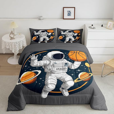 Erosebridal Boys Astronaut Bedding Set Twin Size, Kids Outer Space Comforter Set for Bedroom, Galaxy Solar System Quilted Duvet for Children Girls Teens, Starry Sky Down Comforter, Gray White