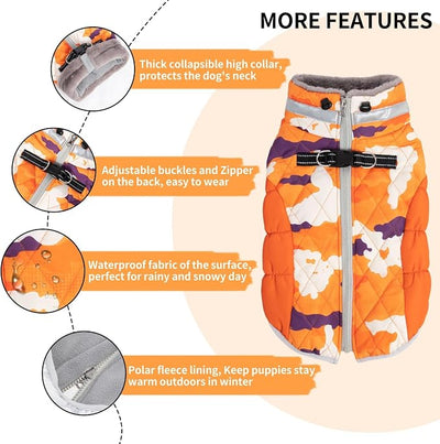 CuteBone Orange Dog Waterproof Winter Coat with Harness, Reflective Warm Jacket with Zipper for Cold Weather, Snowsuit for Medium Large Dogs YRFN02XXL
