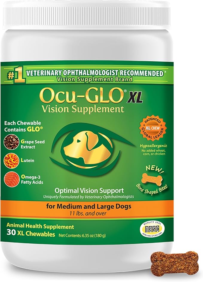 Cat & Dog for Eye Support - Chewable Vision Supplement for Medium and Large Pets Care with Lutein, Omega-3 Fatty Acids, Grape Seed Extract & Antioxidants 30 XL Chewables