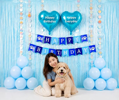 Pet Birthday Decorations Set for Boy Dog & Cat, Birthday Party Supplies with Blue Fringe Backdrop, Happy Birthday Banner & Heart Balloons, Cute Photo Props for Pet Milestone