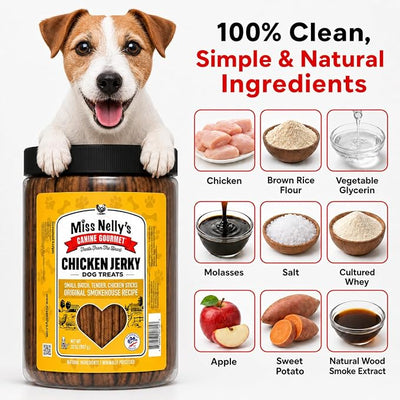 Miss Nelly's - Chicken Jerky Dog Treats - Soft Sticks - USA Made and Sourced - Original Smoke House Recipe - Small Batch Chicken Jerky for Dogs - Minimally Processed - 32 oz. Jar