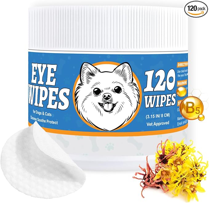 Pet Eye Wipes for Dogs & Cats – Extra-Large Textured Pads Remove Discharge, Crust & Tear Stains – Hypoallergenic Cleaner for Eyes, Wrinkles & Face – Soothing Witch Hazel & Chamomile Formula – 120ct