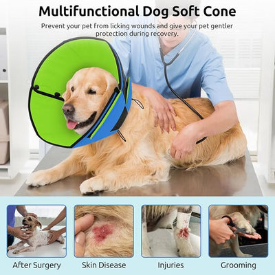 Queenmore Dog Cone XL, Soft Dog Cones for Large Dogs After Surgery, Cone for Dogs to Stop Licking, Elizabethan Collar for Pet, Alternative to Recovery Collar for Large Breeds, Blue&Green XL