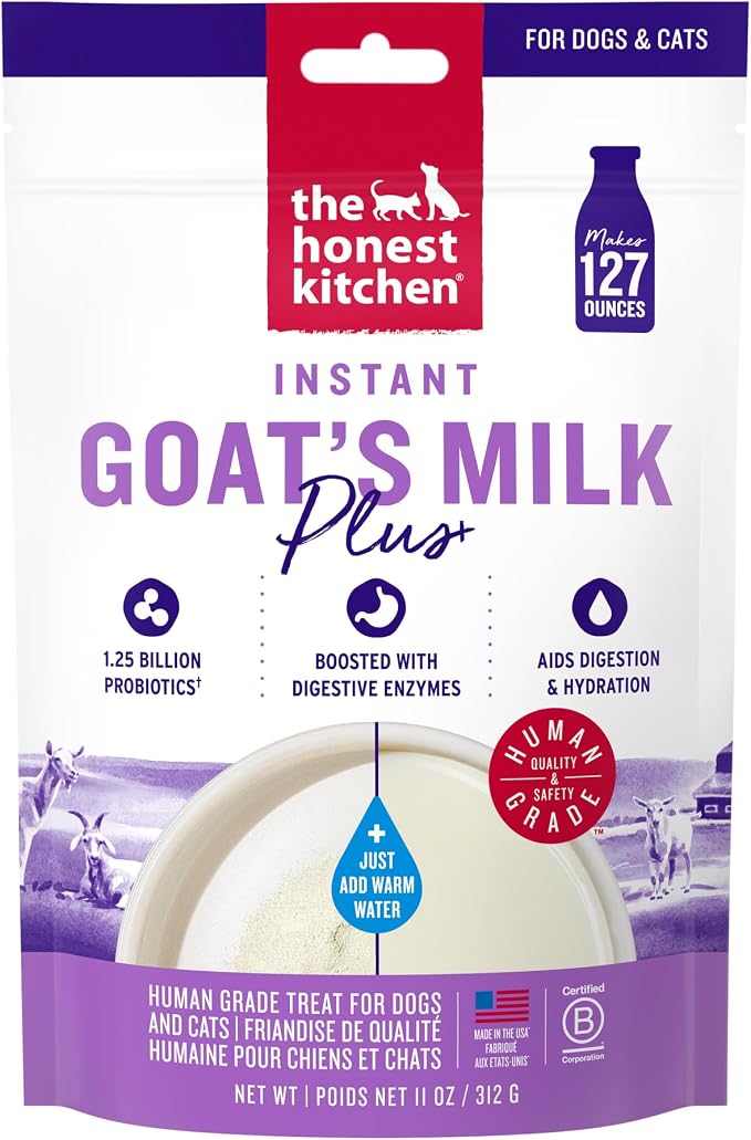 The Honest Kitchen Human Grade Instant Goat Milk Powder with Probiotics for Dogs and Cats - 11 oz - Makes 2 Quarts - Digestive Health and Gut Support Supplement