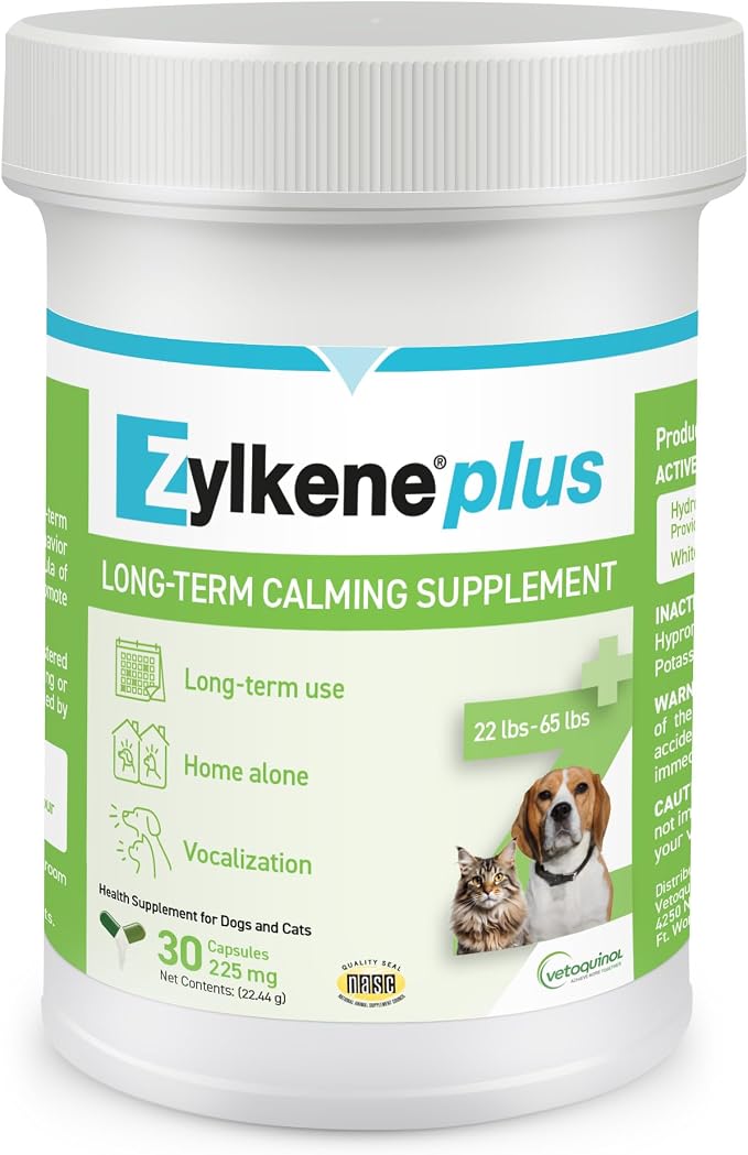 Zylkene Plus Long-Term Calming Supplement with Alpha-Casozepine and White Fish Muscle Hydrolysate for Cats and Medium Dogs 22-65 lbs, Daily Behavioral Support for Dogs, 225 mg