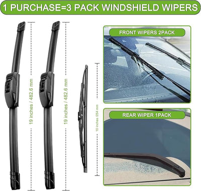 PARRATI® Windshield Wiper Blades for Ford Escape 2001-2004, 3 Pack | 19/19 Inch Front +10 Inch Rear, OEM Replacement, Ultra Quiet, No Streaks All Weather Wiping
