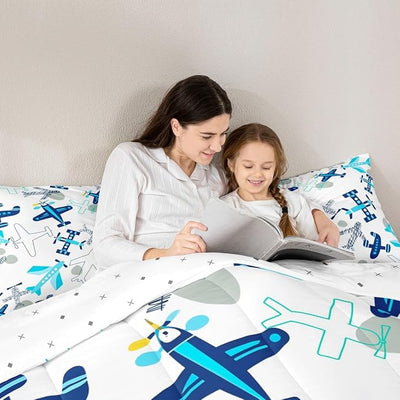 Erosebridal Kids Airplane Comforter Set, Aircraft Pattern Down Comforter Queen Size Aviation Theme Cartoon Bedding Set for Boys Girls Teens Adult, Teal Blue Airplanes Duvet Sets with 2 Pillow Cases
