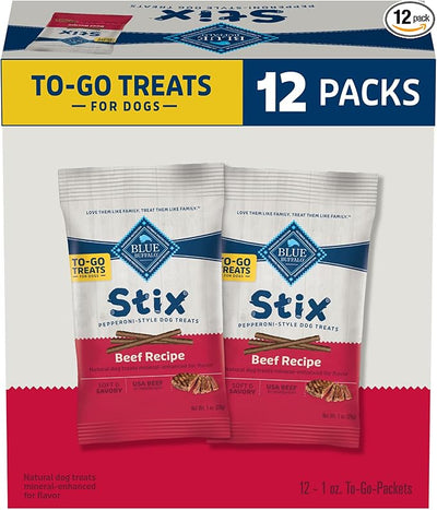 Blue Buffalo Stix Natural Soft Moist Dog Treats TOGO Beef Recipe, 1oz Bags, Pack of 12