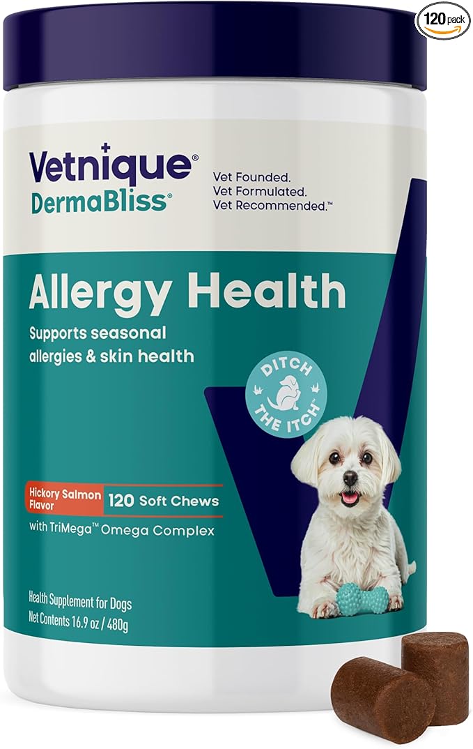 Dermabliss Vet-Formulated Dog Allergy Chews for Seasonal Itch Relief, Skin, Coat & Gut Health, Omega 3 + Probiotic Anti-Itch Soft Chew Supplement for Dogs (120ct, Regular Strength Chews)