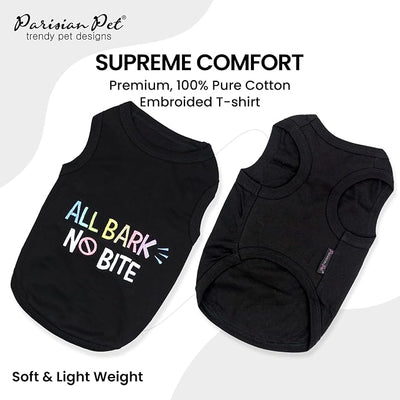 Parisian Pet Dog Shirt – 100% Cotton Shirts for Medium Dogs - Black Sleeveless Puppy Vest – All Bark No Bite Pet Apparel – Breathable Pullover Summer Dog Clothes - Stretchy Funny T Shirts for Dogs