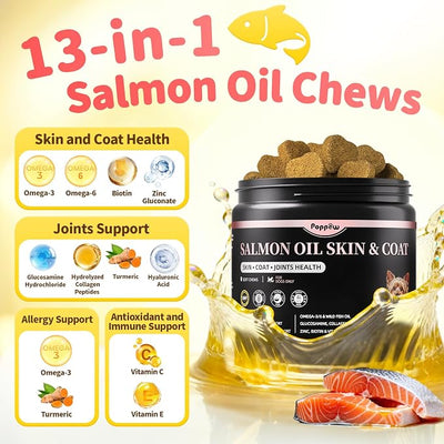 Salmon Oil for Dogs Skin & Coat, 13 in 1 Wild Alaskan Fish Oil for Dogs - Omega 3 EPA & DHA & ALA Fatty Acids, Dog Allergy Relief Chews, Joint & Immune Support, 90 Count, Chicken Flavor, Soft Chews