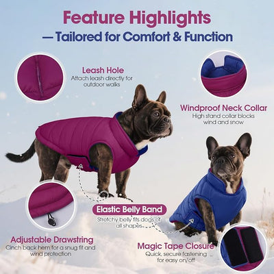 QBLEEV Reversible Dog Jacket for Large Dogs, Waterproof Windproof Winter Coat with Adjustable Hook & Loop Design, Lightweight Puffer Vest Keeps Dogs Warm & Dry, Purple, XL – Fits Pitbull, Boxer