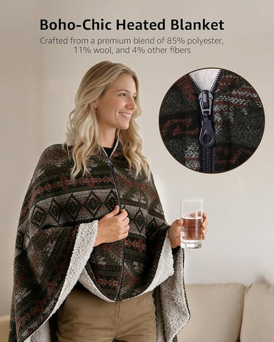 Heated Wearable Blanket, Faux Cashmere Electric Throw with 3 Heating Levels, USB-C Powered, Southwestern Pattern, 40x65 Inches (Blue(Thin))