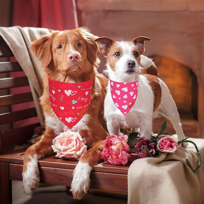 PTDECOR Valentine Dog Bandana, Red Pink Love Heart Design Reversible Pet Scarf, Triangle Valentine Bandanas for Medium Large Dogs (Large)